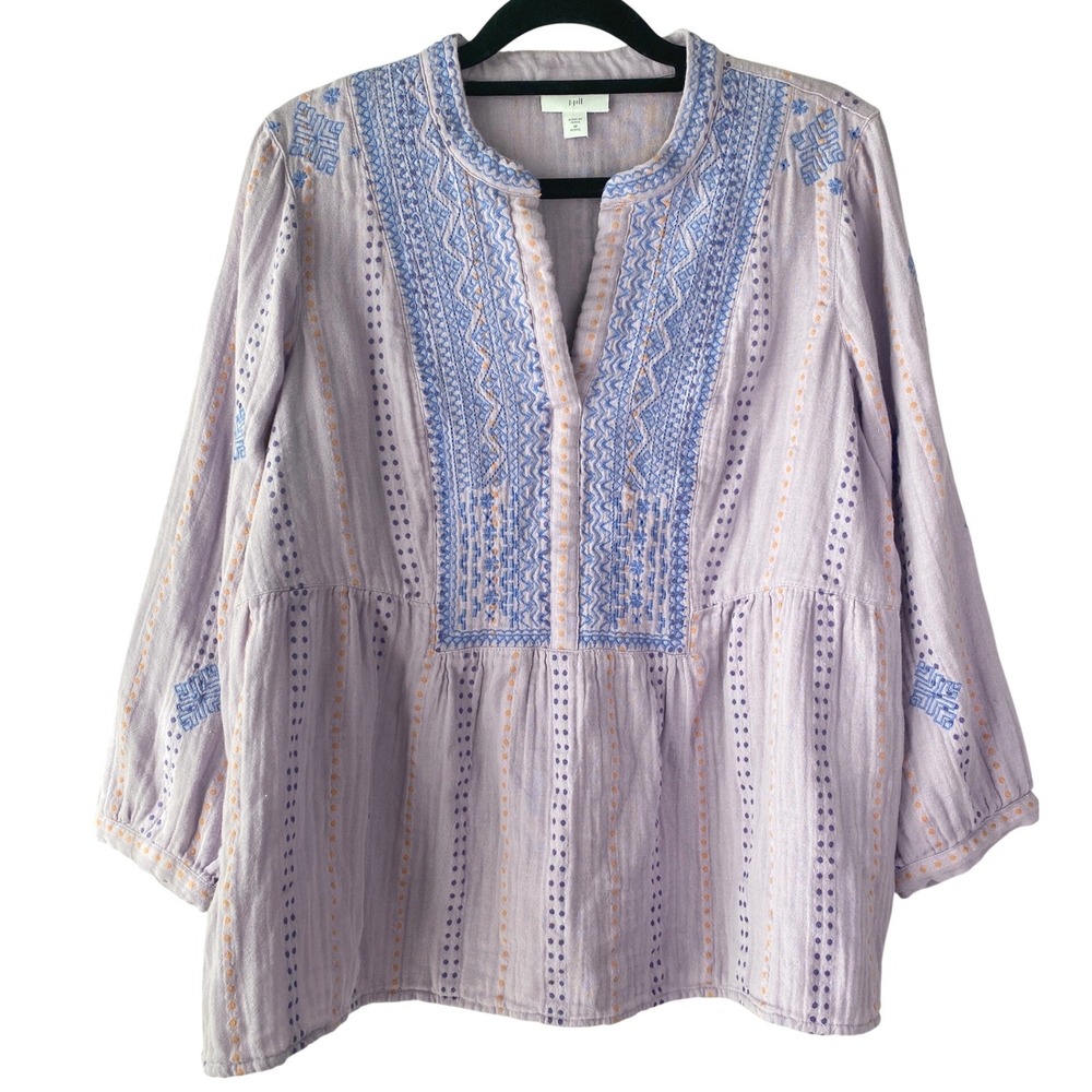 J Jill Womens Gauze Tunic Top MP Purple Embroidered Cotton Boho Peasant Pastel